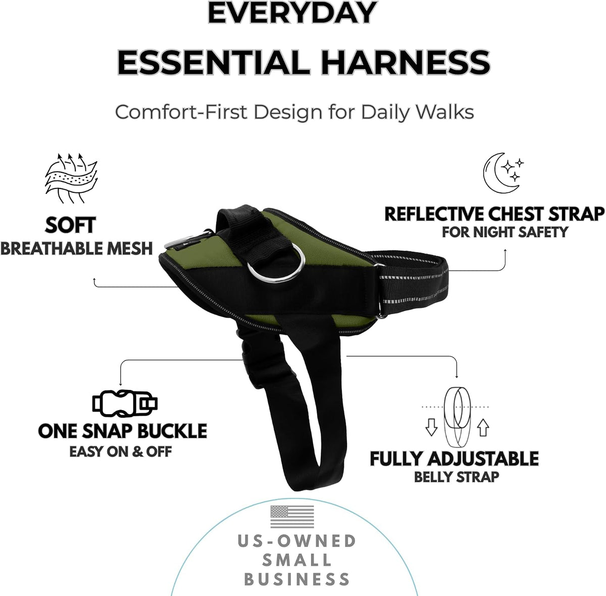 Essential Dog Harness, No-Pull Pet Vest (Oceanic Blue,S) | 3 Leash Clips, Easy On, No-Choke, Reflective, Adjustable Fit, Padded Comfort, Control Handle, For Small, Medium & Large Dogs