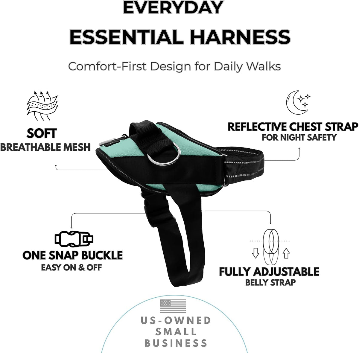 Essential Dog Harness, No-Pull Pet Vest (Oceanic Blue,S) | 3 Leash Clips, Easy On, No-Choke, Reflective, Adjustable Fit, Padded Comfort, Control Handle, For Small, Medium & Large Dogs