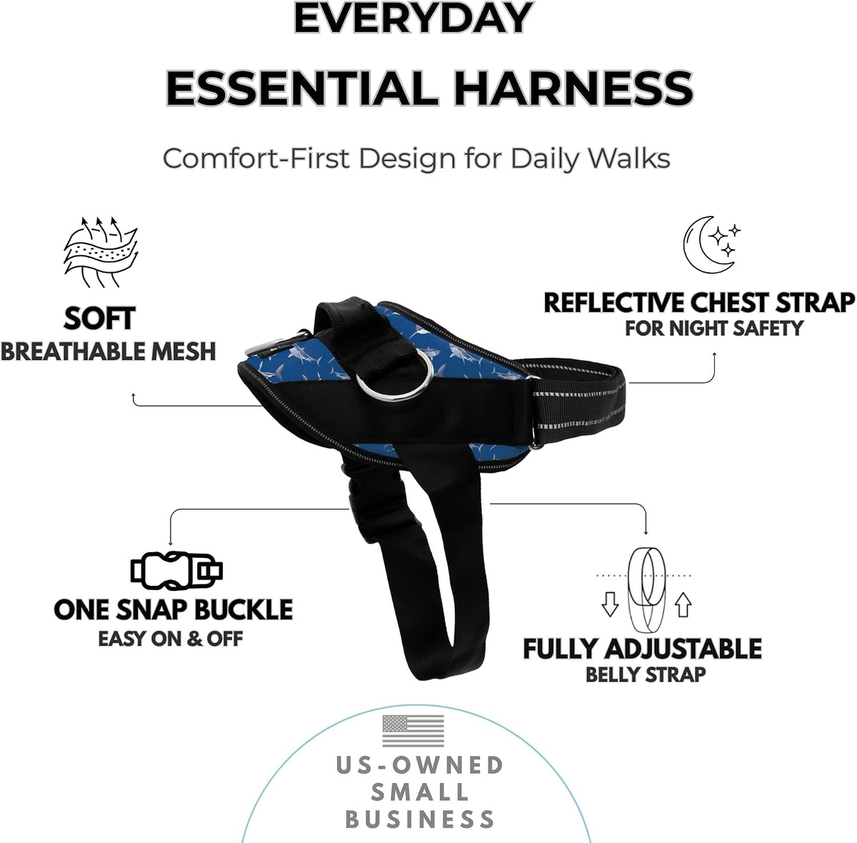 Essential Dog Harness, No-Pull Pet Vest (Oceanic Blue,S) | 3 Leash Clips, Easy On, No-Choke, Reflective, Adjustable Fit, Padded Comfort, Control Handle, For Small, Medium & Large Dogs