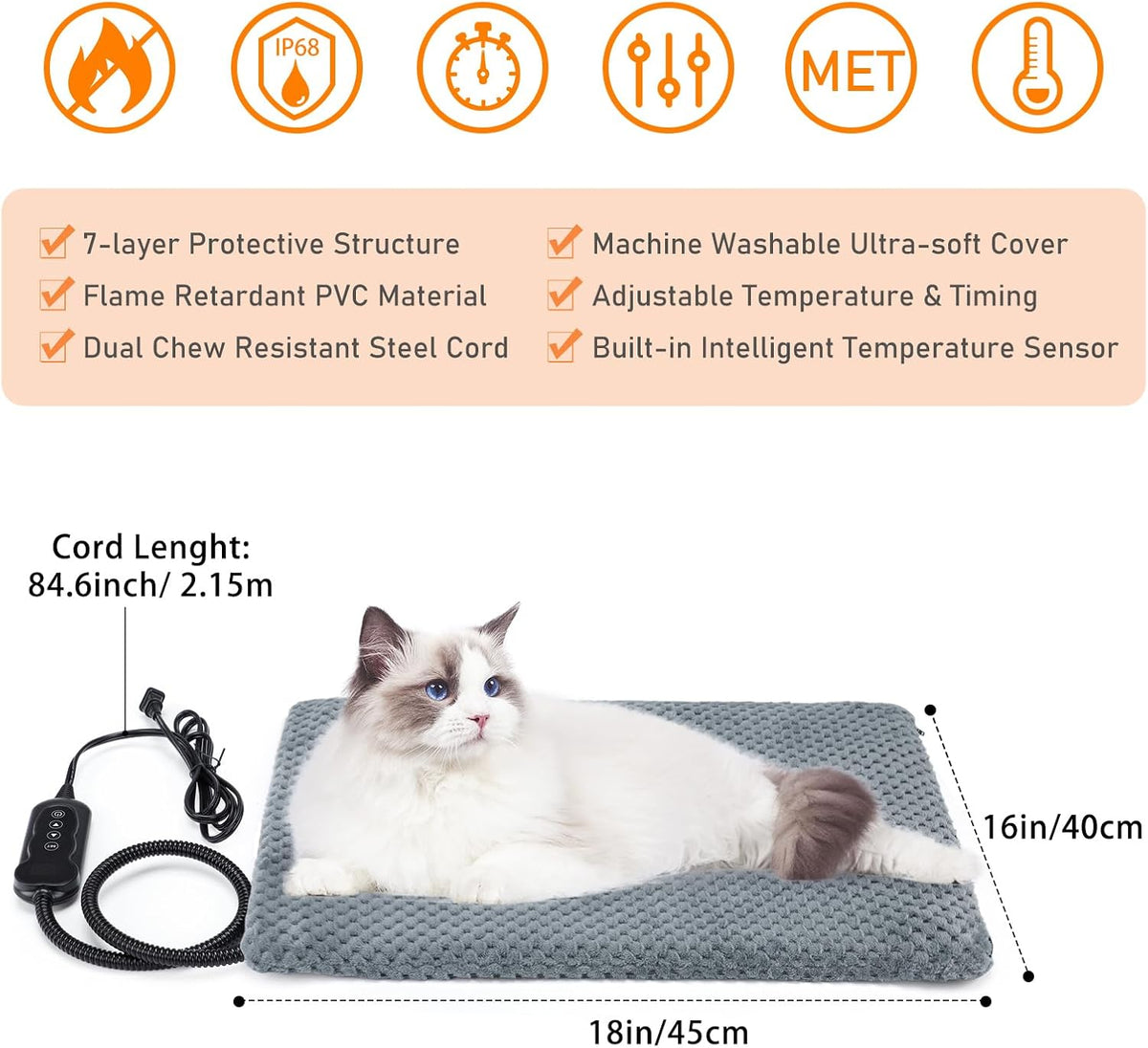 Heated Cat Bed, Waterproof Adjustable Temperature Dog Cat Heating Pad with Timer, Indoor Pet Heating Pad for Cats Dogs Electric Pads for Dogs Cats, Pet Heated Pad (S: 18" x 16")