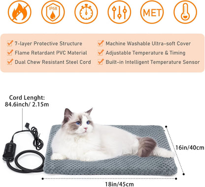 Heated Cat Bed, Waterproof Adjustable Temperature Dog Cat Heating Pad with Timer, Indoor Pet Heating Pad for Cats Dogs Electric Pads for Dogs Cats, Pet Heated Pad (S: 18" x 16")
