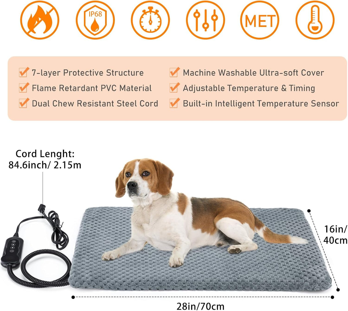 Heated Cat Bed, Waterproof Adjustable Temperature Dog Cat Heating Pad with Timer, Indoor Pet Heating Pad for Cats Dogs Electric Pads for Dogs Cats, Pet Heated Pad (S: 18" x 16")