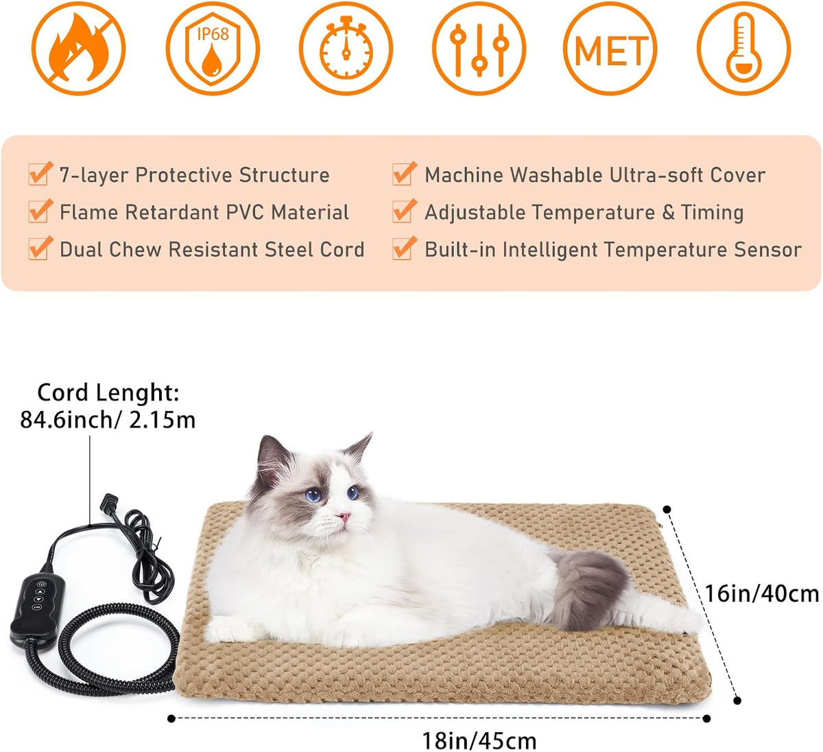 Heated Cat Bed, Waterproof Adjustable Temperature Dog Cat Heating Pad with Timer, Indoor Pet Heating Pad for Cats Dogs Electric Pads for Dogs Cats, Pet Heated Pad (S: 18" x 16")