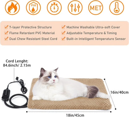 Heated Cat Bed, Waterproof Adjustable Temperature Dog Cat Heating Pad with Timer, Indoor Pet Heating Pad for Cats Dogs Electric Pads for Dogs Cats, Pet Heated Pad (S: 18" x 16")