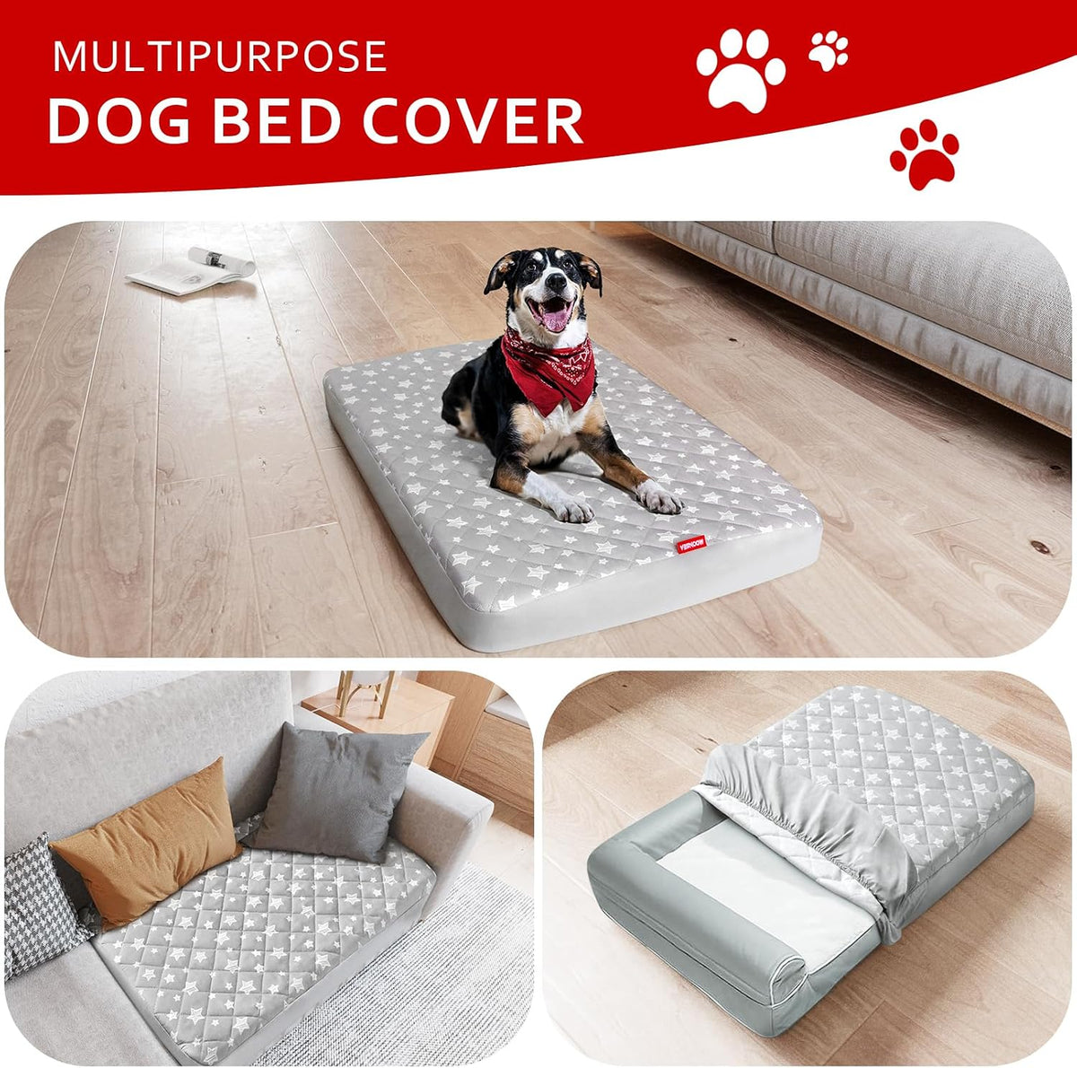 Waterproof Dog Bed Covers Replacement Lovely Grey Star Print, 27x36 Inches | Washable Pet Hair Easy to Remove, Noiseless Quilted Puppy Pet Bed Cover , for Dog/Cat, Cover Only