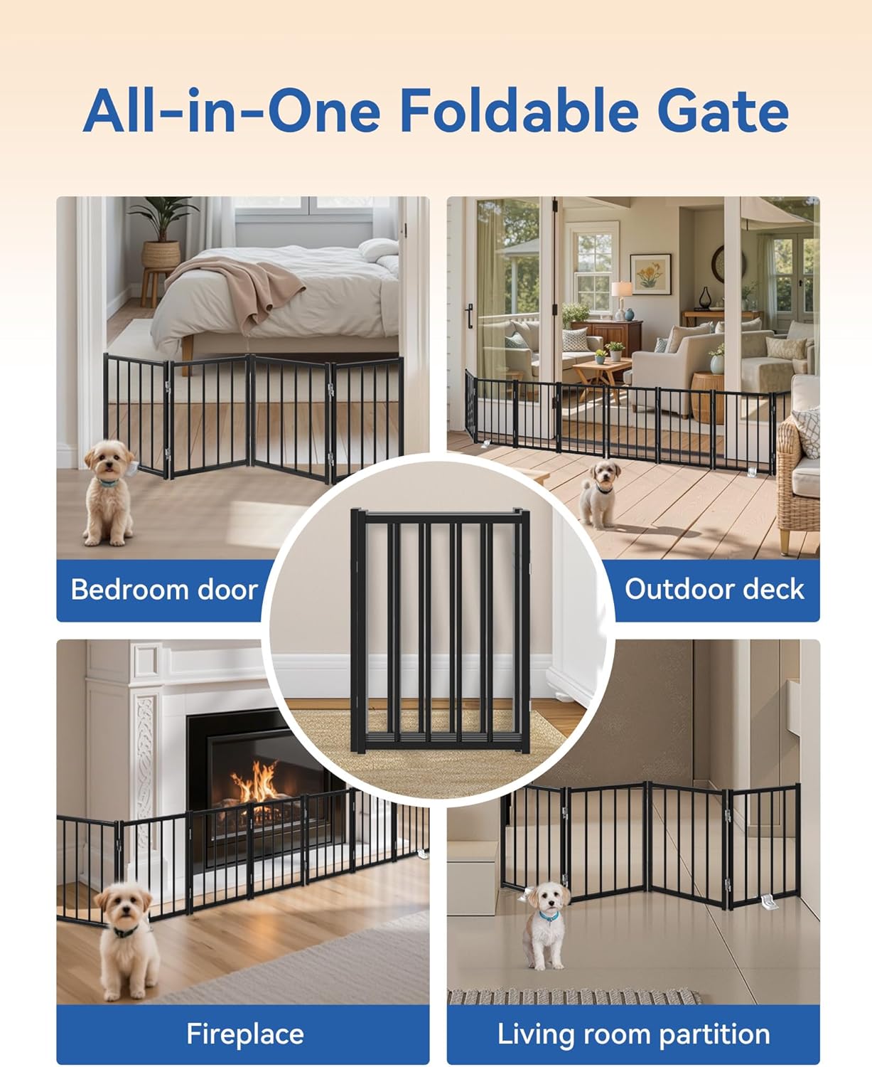 Free Standing Dog Gate, 16.5" Short Pet Gate for Stairs and Doorways, Up to 48" Wide Foldable Puppy Fence, Indoor & Outdoor Use, No Drilling and No Assembly, for Small & Toy Dogs, Black
