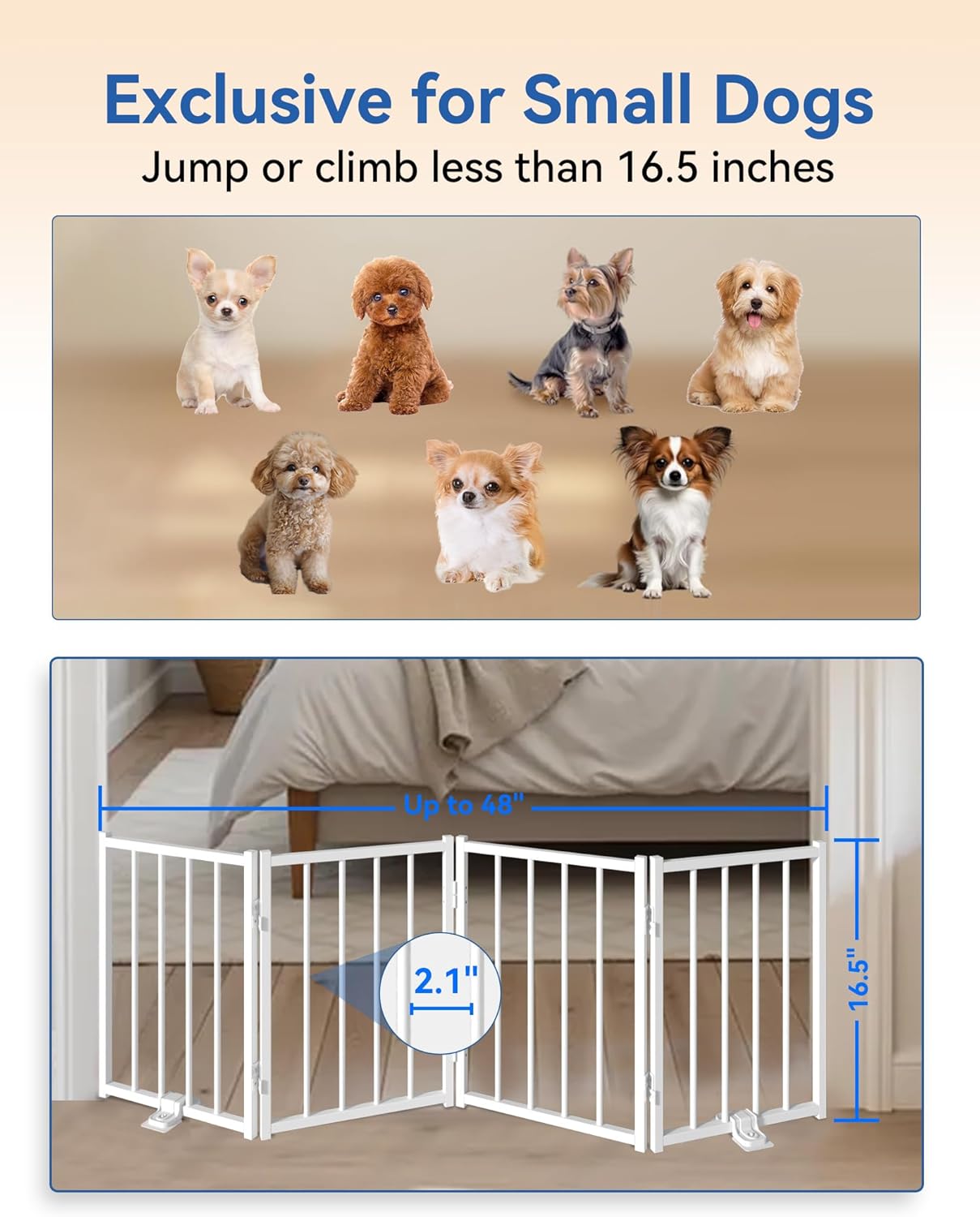 Free Standing Dog Gate, 16.5" Short Pet Gate for Stairs and Doorways, Up to 48" Wide Foldable Puppy Fence, Indoor & Outdoor Use, No Drilling and No Assembly, for Small & Toy Dogs, Black