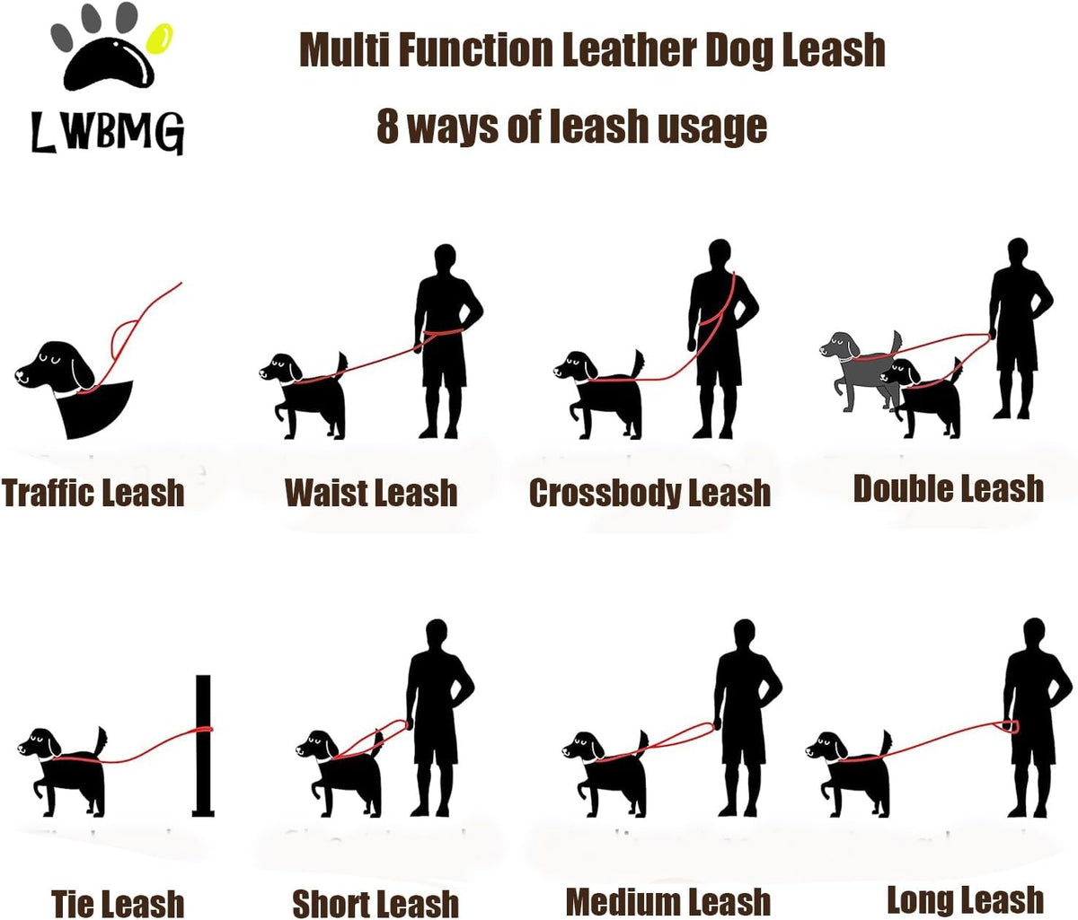 Multi Function Leather Dog Leash 8ft Genuine Leather Leash for Dogs Hands Free Pet Leashes Double Ended Pet Training Leashes for Small Medium Large Dogs