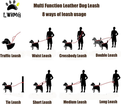 Multi Function Leather Dog Leash 8ft Genuine Leather Leash for Dogs Hands Free Pet Leashes Double Ended Pet Training Leashes for Small Medium Large Dogs