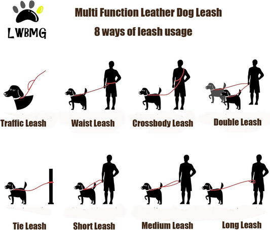 Multi Function Leather Dog Leash 8ft Genuine Leather Leash for Dogs Hands Free Pet Leashes Double Ended Pet Training Leashes for Small Medium Large Dogs