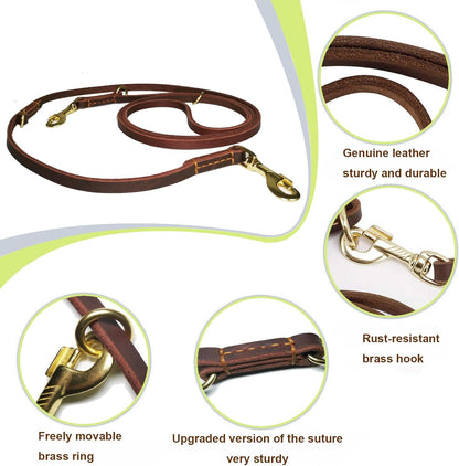 Multi Function Leather Dog Leash 8ft Genuine Leather Leash for Dogs Hands Free Pet Leashes Double Ended Pet Training Leashes for Small Medium Large Dogs