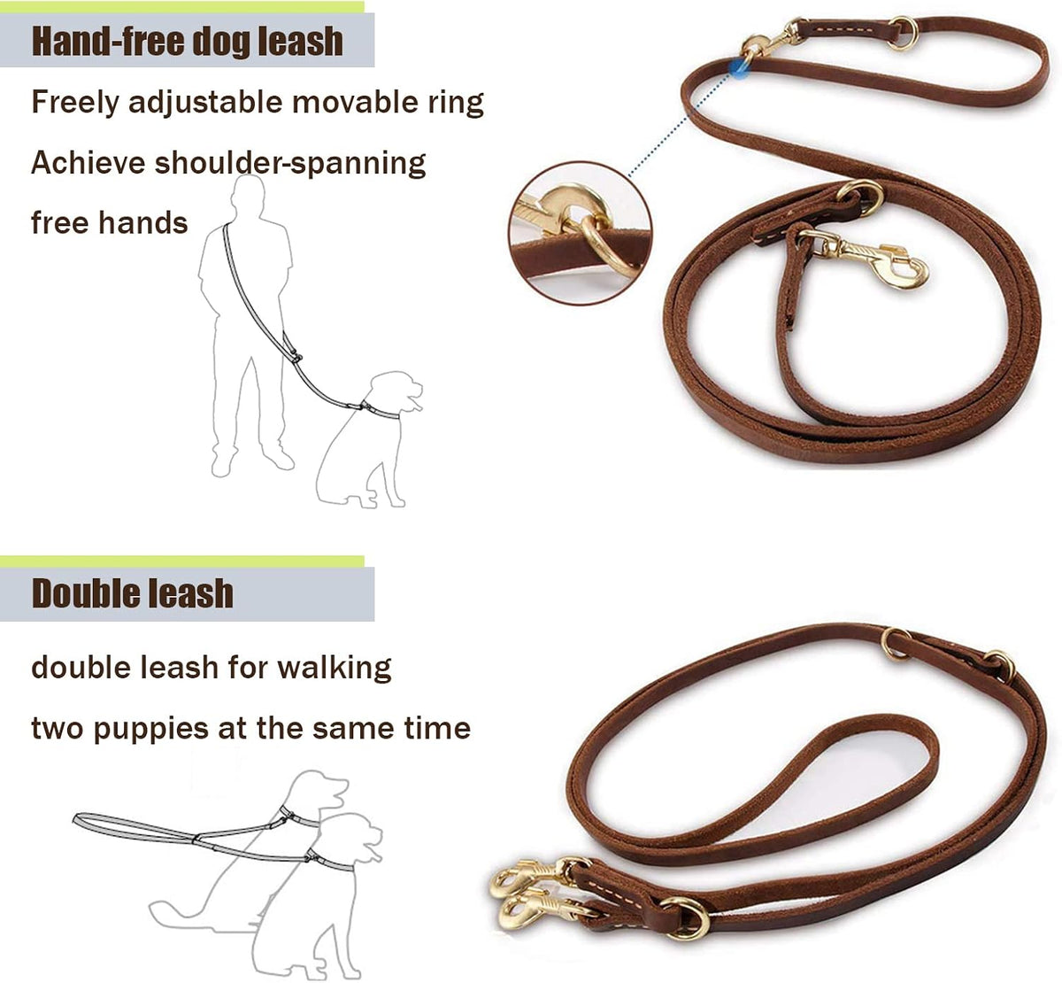 Multi Function Leather Dog Leash 8ft Genuine Leather Leash for Dogs Hands Free Pet Leashes Double Ended Pet Training Leashes for Small Medium Large Dogs