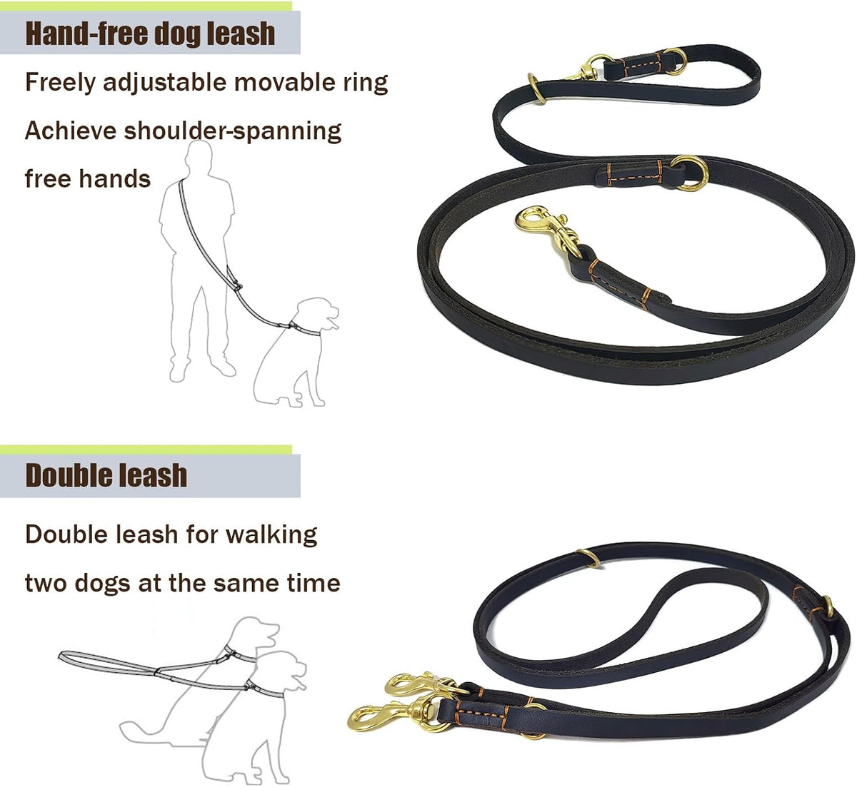 Multi Function Leather Dog Leash 8ft Genuine Leather Leash for Dogs Hands Free Pet Leashes Double Ended Pet Training Leashes for Small Medium Large Dogs