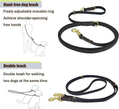 Multi Function Leather Dog Leash 8ft Genuine Leather Leash for Dogs Hands Free Pet Leashes Double Ended Pet Training Leashes for Small Medium Large Dogs