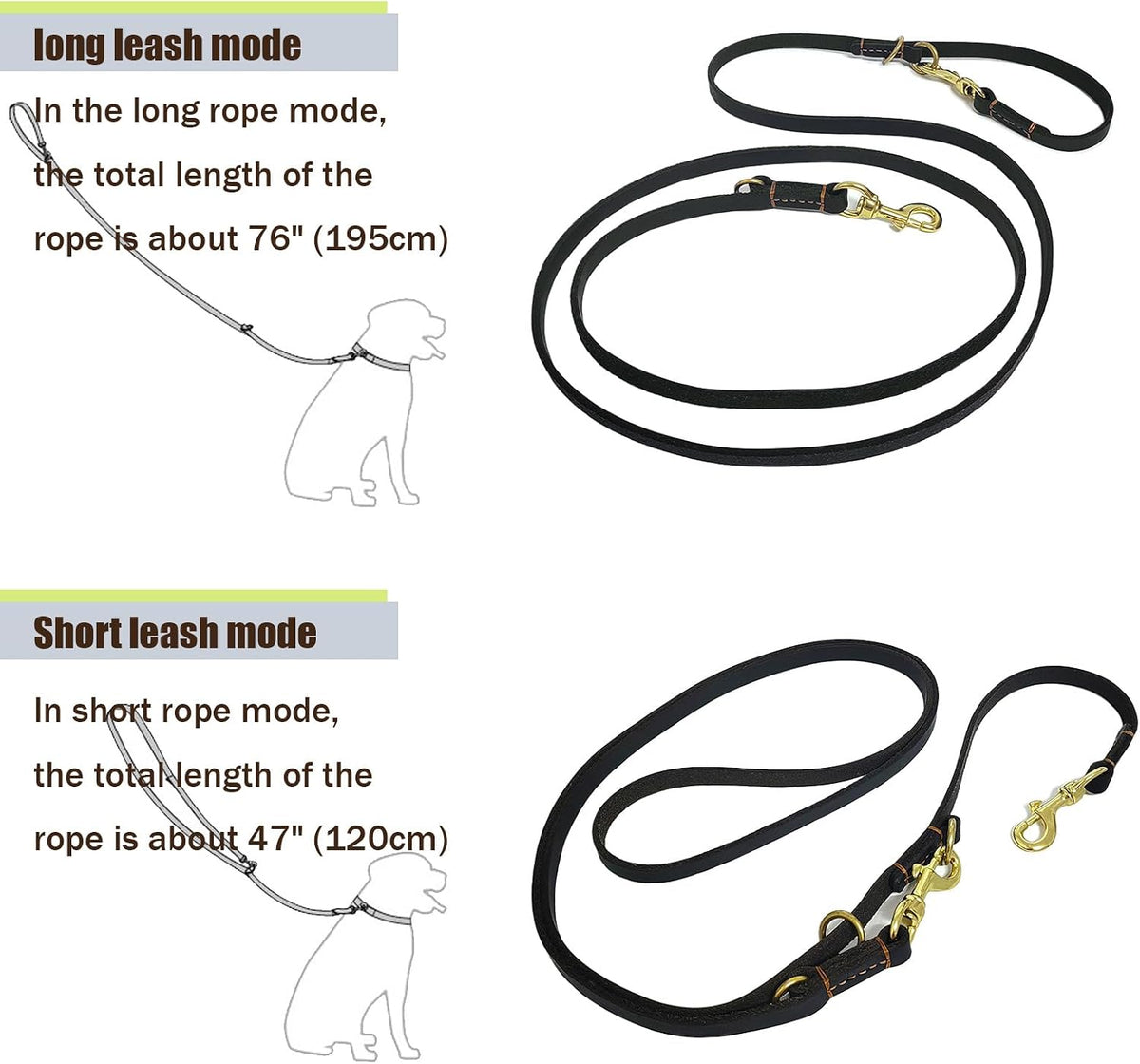 Multi Function Leather Dog Leash 8ft Genuine Leather Leash for Dogs Hands Free Pet Leashes Double Ended Pet Training Leashes for Small Medium Large Dogs