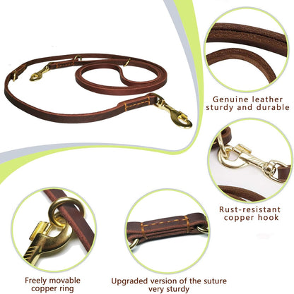 Multi Function Leather Dog Leash 8ft Genuine Leather Leash for Dogs Hands Free Pet Leashes Double Ended Pet Training Leashes for Small Medium Large Dogs