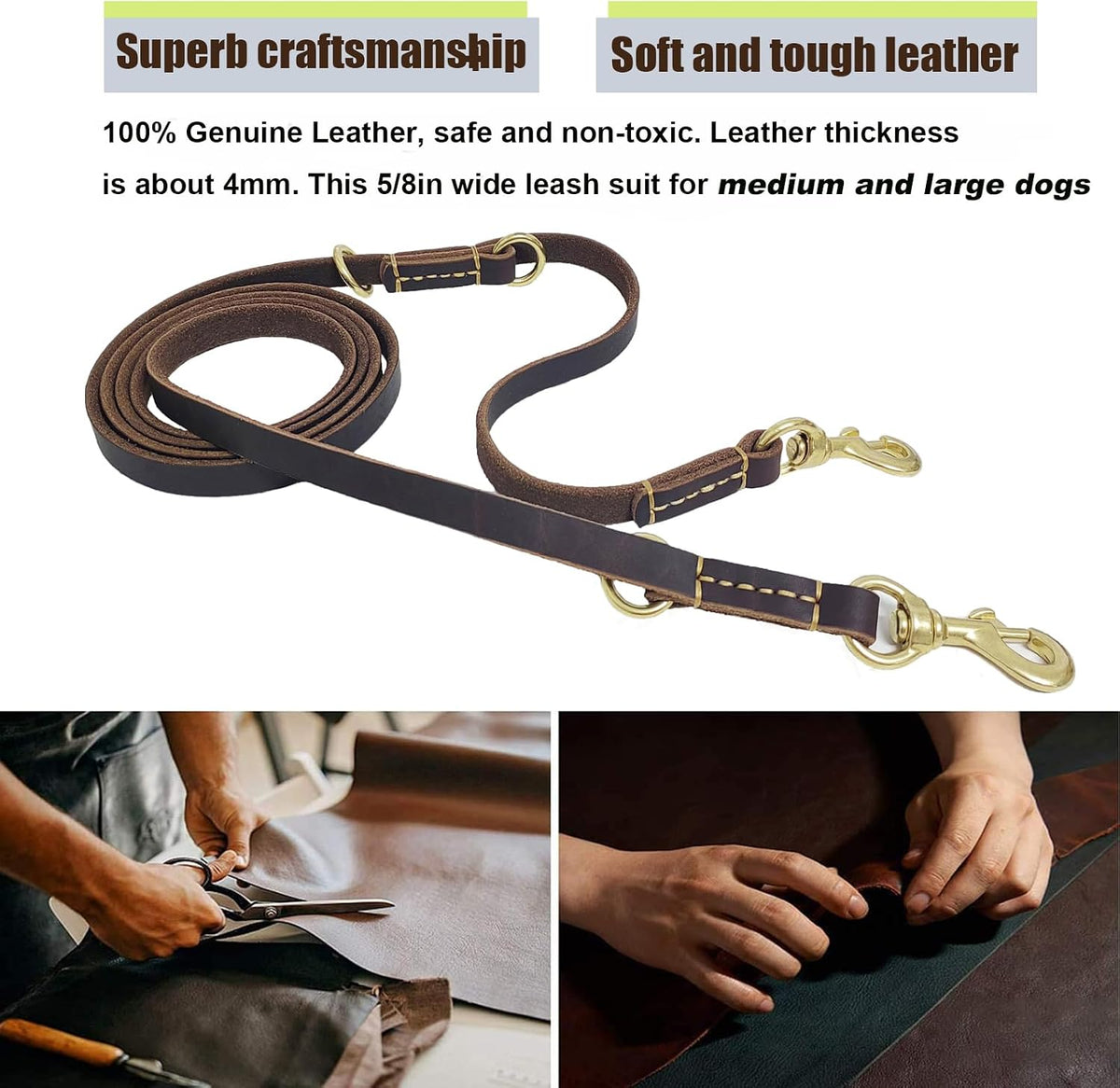 Multi Function Leather Dog Leash 8ft Genuine Leather Leash for Dogs Hands Free Pet Leashes Double Ended Pet Training Leashes for Small Medium Large Dogs