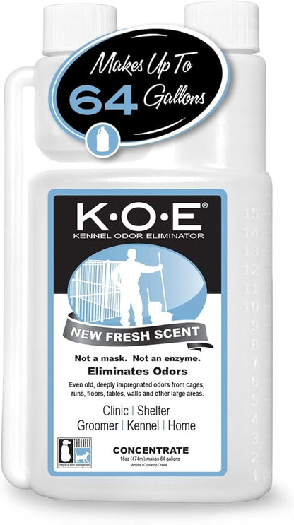 K.O.E Kennel Odor Eliminator Concentrate, Fresh Scent, 16 oz - Non-Enzymatic Formula for Cages, Runs, Home and Kennel Use