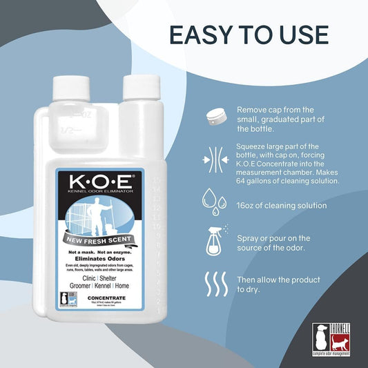 K.O.E Kennel Odor Eliminator Concentrate, Fresh Scent, 16 oz - Non-Enzymatic Formula for Cages, Runs, Home and Kennel Use