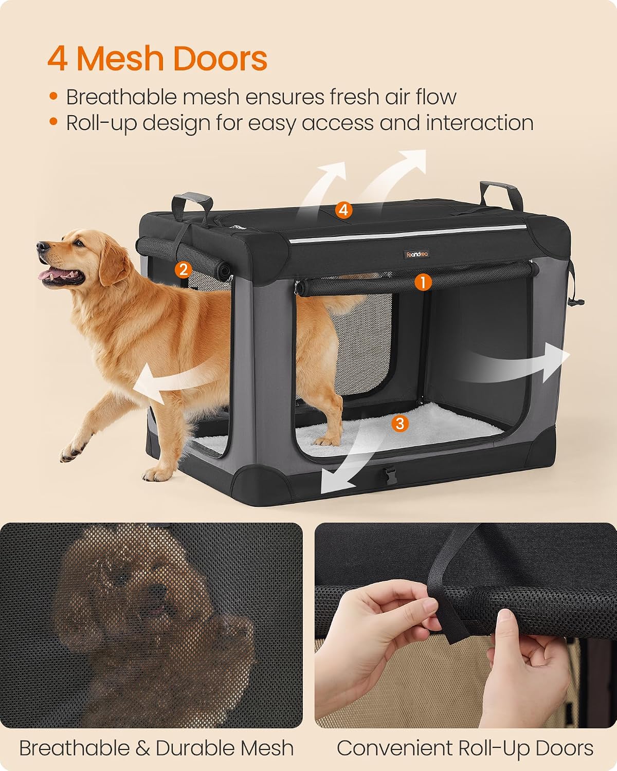 Feandrea Collapsible Dog Crate, Portable Oxford Fabric Pet Carrier, 36-Inch