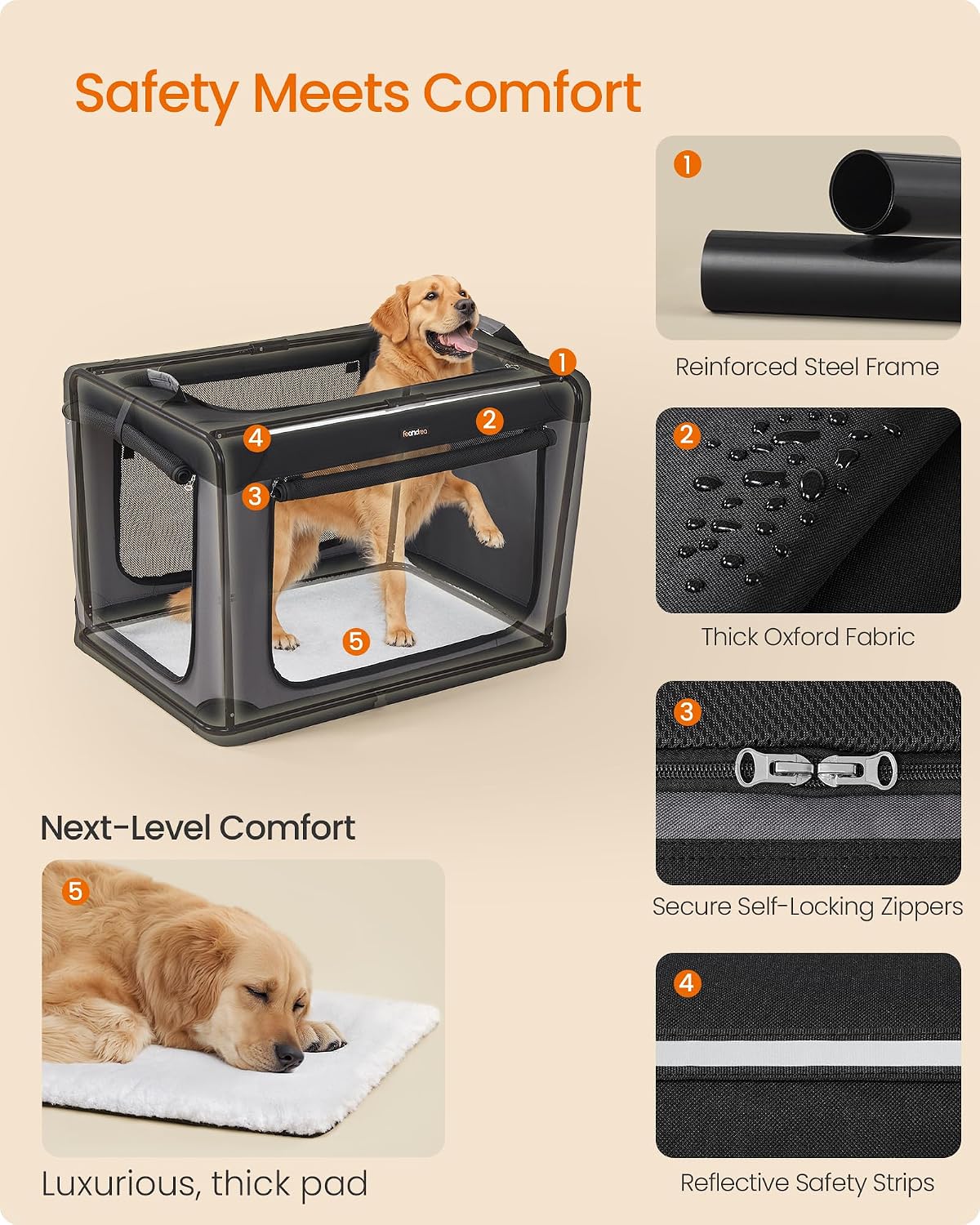 Feandrea Collapsible Dog Crate, Portable Oxford Fabric Pet Carrier, 36-Inch