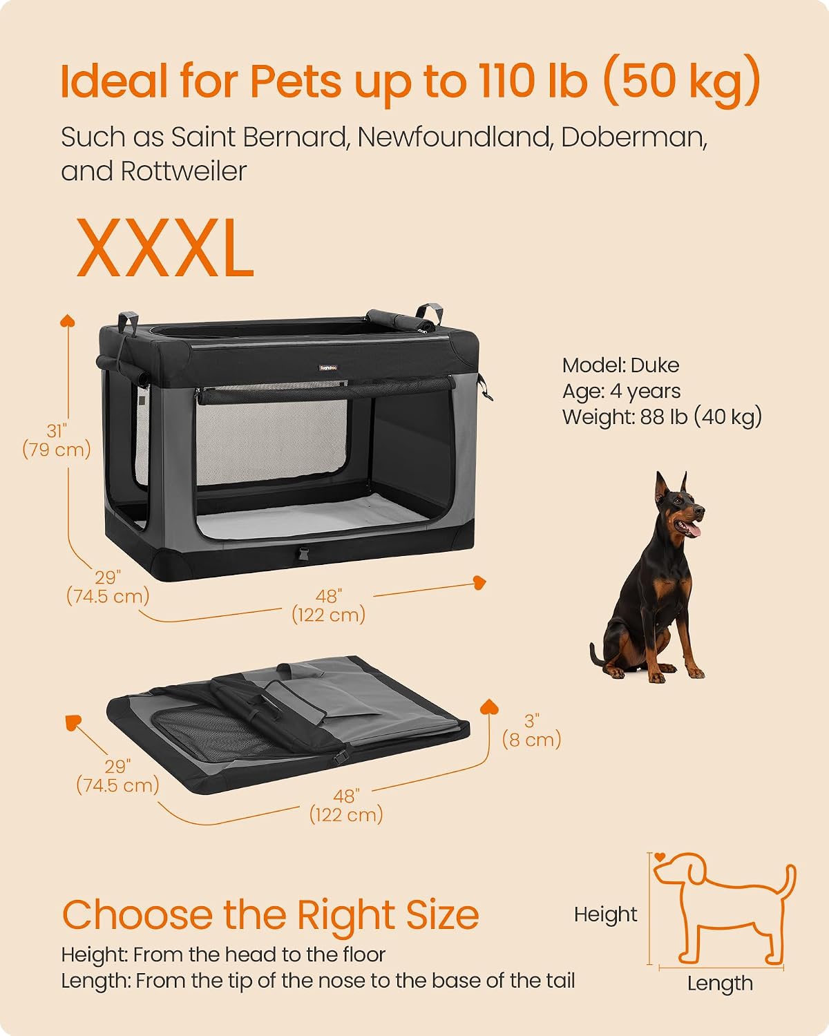 Feandrea Collapsible Dog Crate, Portable Oxford Fabric Pet Carrier, 36-Inch