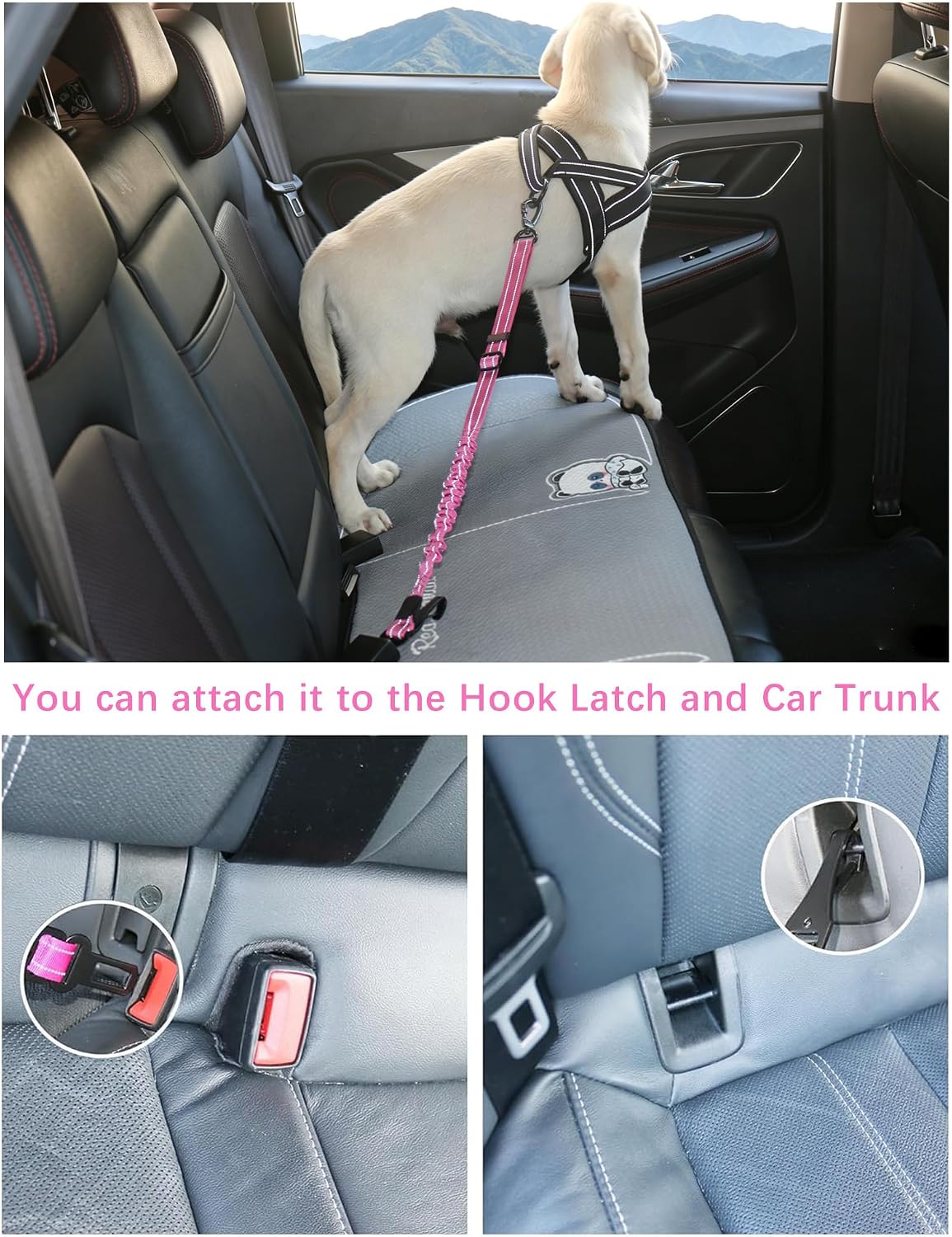 Dog Seat Belt for Car,Updated 3-in-1 Bungee Dog Car Harness,Black