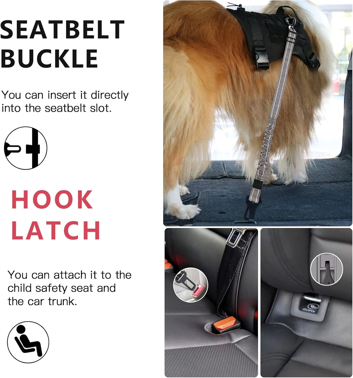 Dog Seat Belt for Car,Updated 3-in-1 Bungee Dog Car Harness,Black