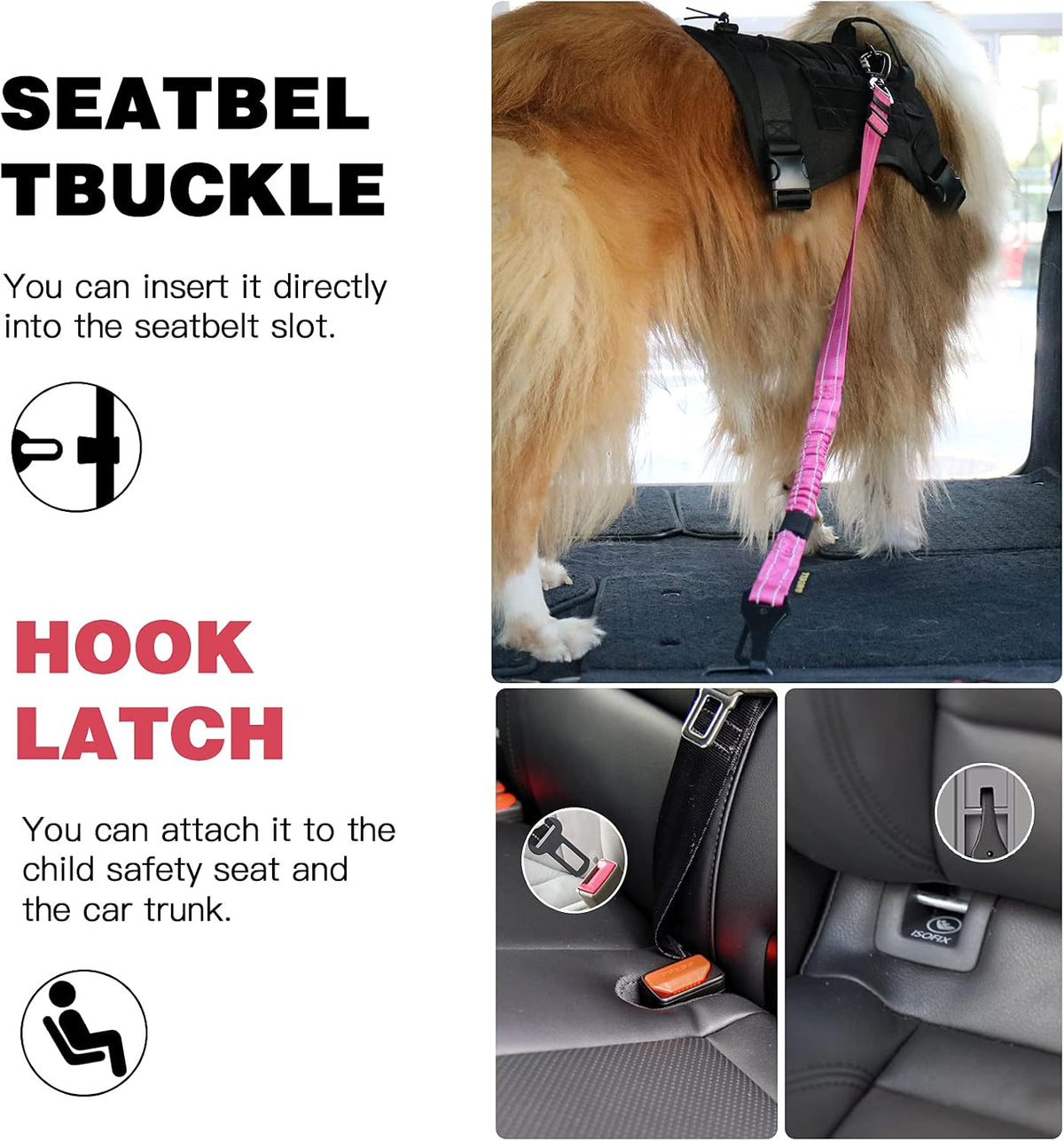 Dog Seat Belt for Car,Updated 3-in-1 Bungee Dog Car Harness,Black