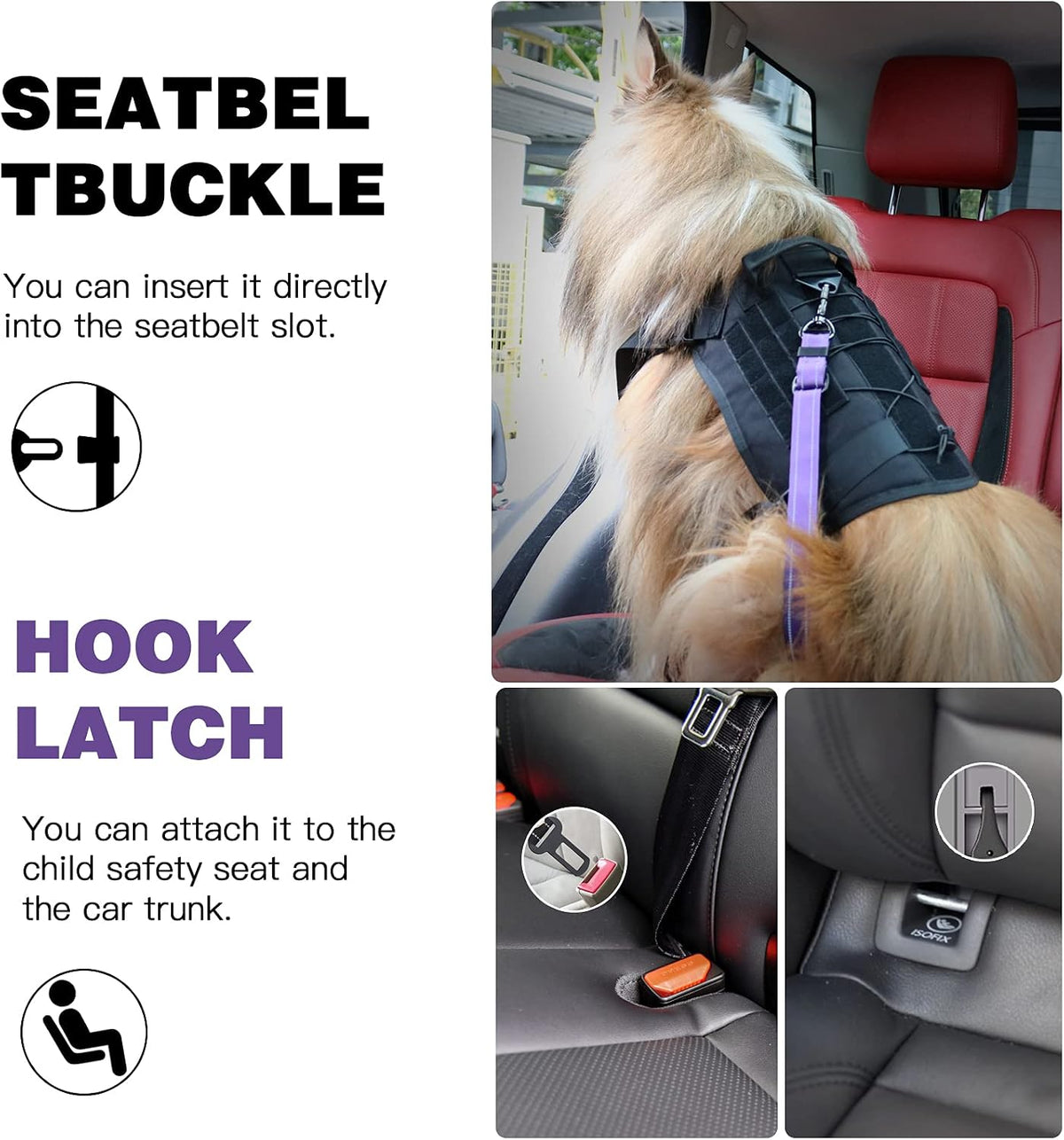 Dog Seat Belt for Car,Updated 3-in-1 Bungee Dog Car Harness,Black