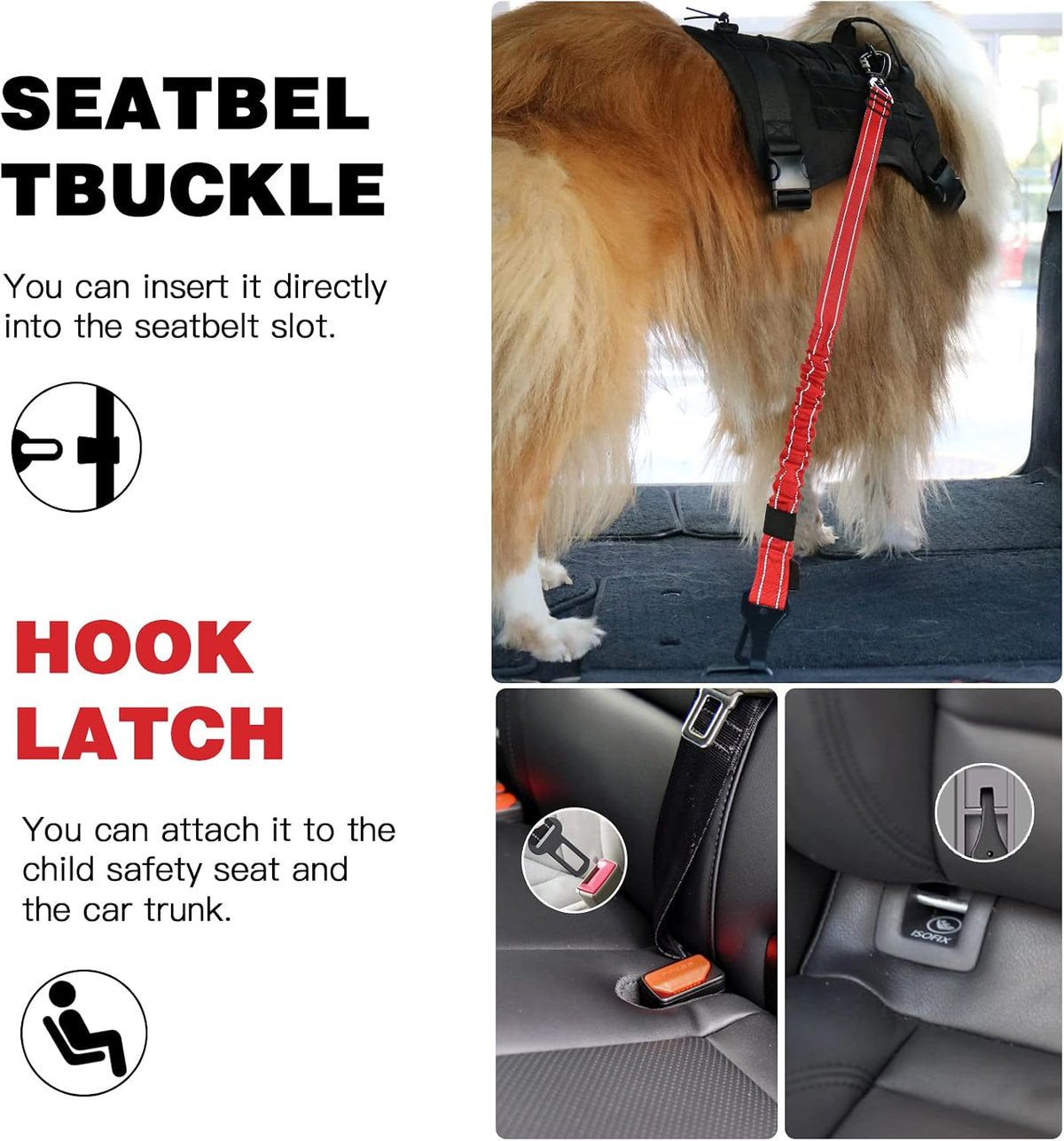 Dog Seat Belt for Car,Updated 3-in-1 Bungee Dog Car Harness,Black
