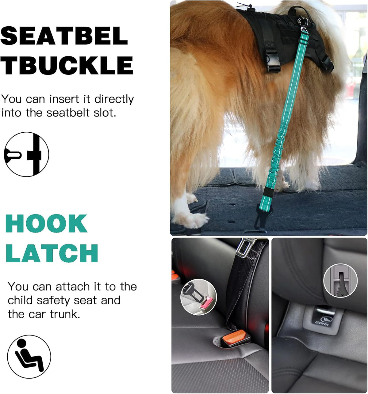 Dog Seat Belt for Car,Updated 3-in-1 Bungee Dog Car Harness,Black
