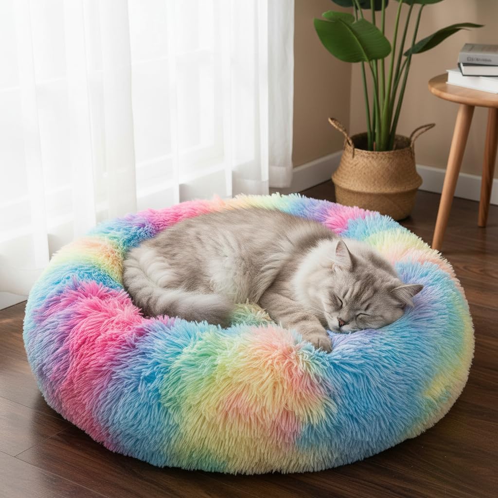 Donut Cat Bed, Calming Dog Beds for Small Dogs & Indoor Cats, Dark Dray