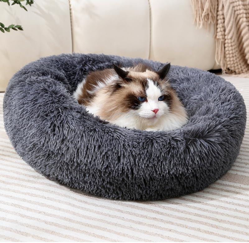 Donut Cat Bed, Calming Dog Beds for Small Dogs & Indoor Cats, Dark Dray