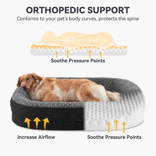 Orthopedic Dog Beds Large Sized Dog, XL Egg-Crate Memory Foam Pet Couch Bed with Bolster Sides, Waterproof Lining, Removable Washable Cover & Non-Slip Bottom, Grey