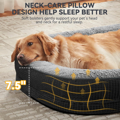 Orthopedic Dog Beds Large Sized Dog, XL Egg-Crate Memory Foam Pet Couch Bed with Bolster Sides, Waterproof Lining, Removable Washable Cover & Non-Slip Bottom, Grey