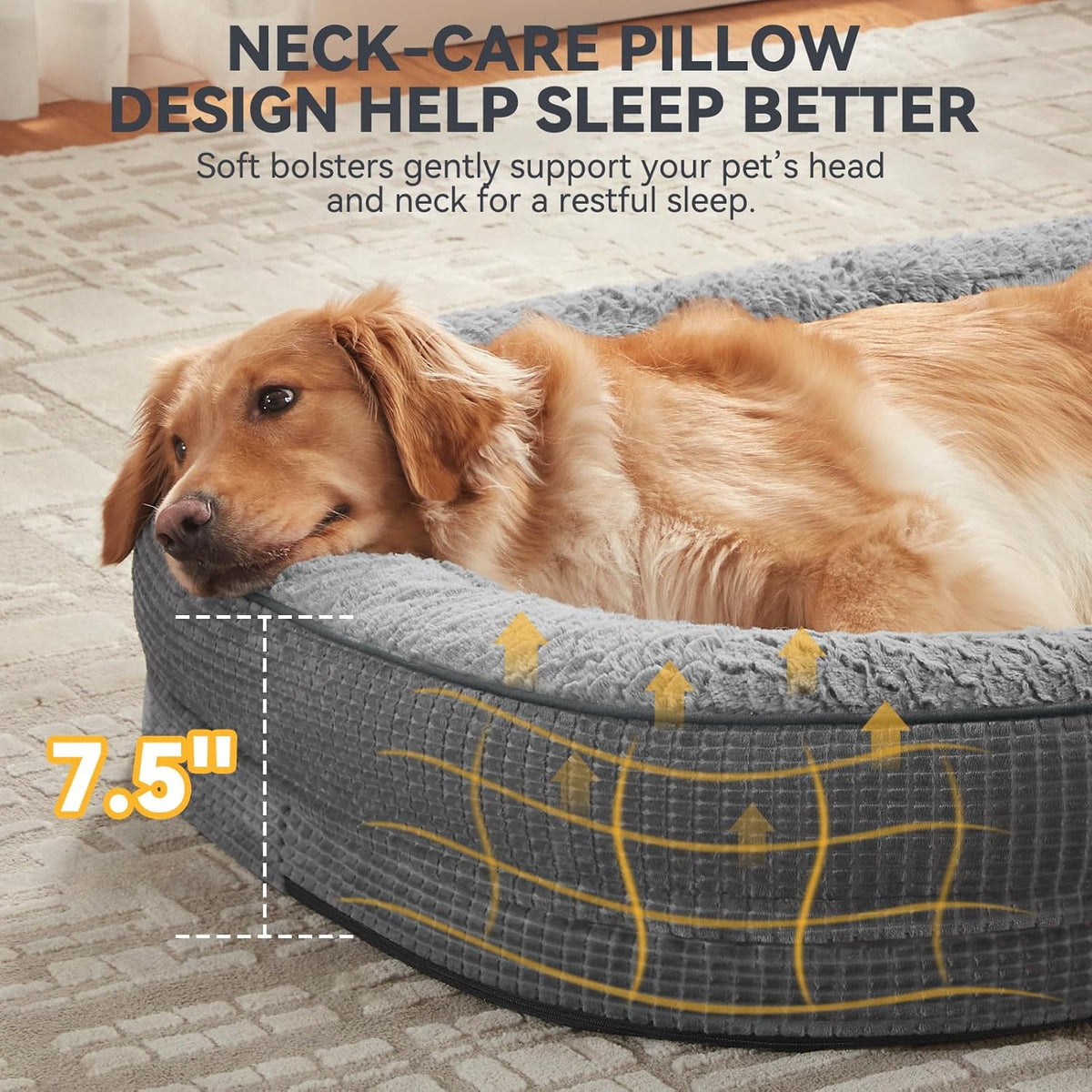 Orthopedic Dog Beds Large Sized Dog, XL Egg-Crate Memory Foam Pet Couch Bed with Bolster Sides, Waterproof Lining, Removable Washable Cover & Non-Slip Bottom, Grey