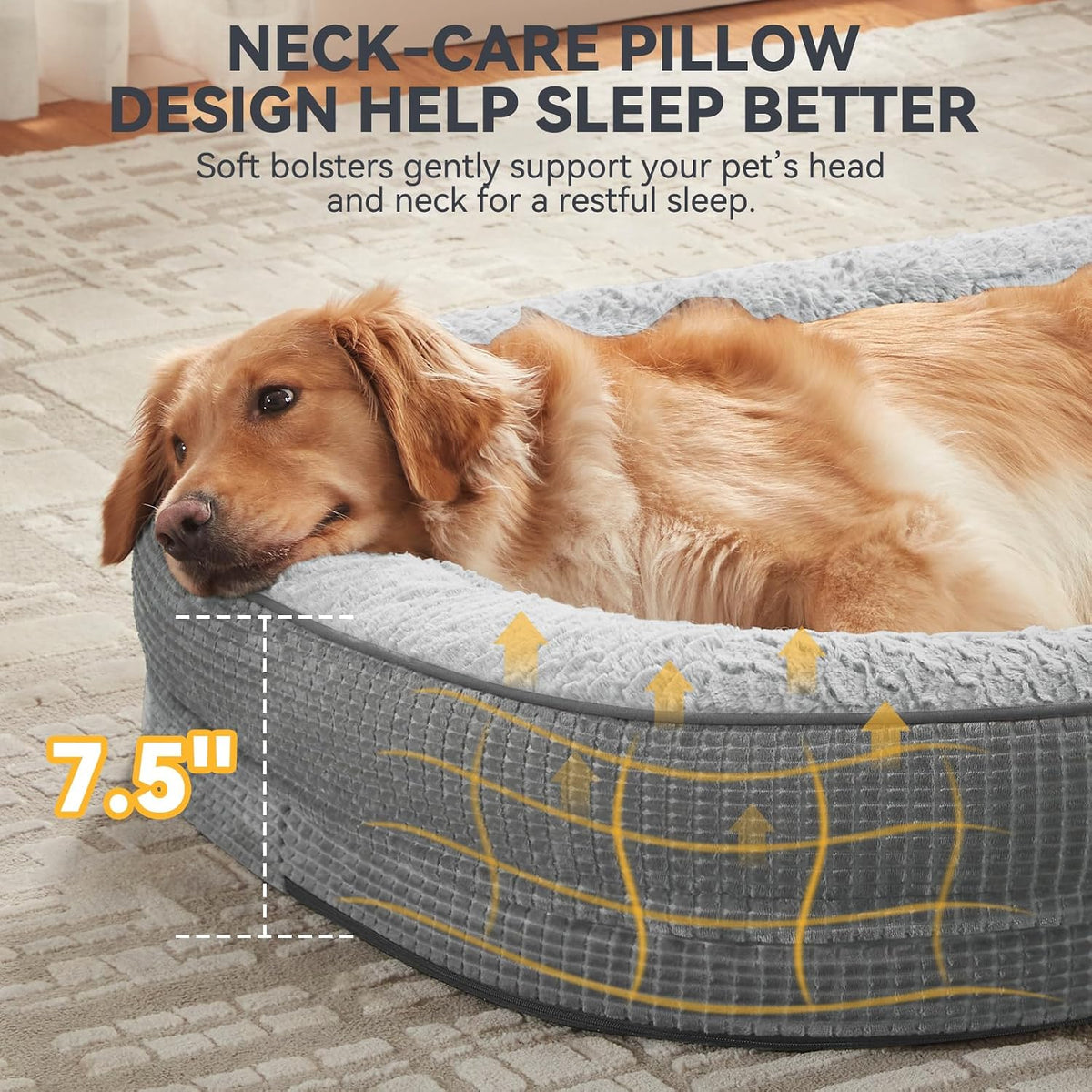 Orthopedic Dog Beds Large Sized Dog, XL Egg-Crate Memory Foam Pet Couch Bed with Bolster Sides, Waterproof Lining, Removable Washable Cover & Non-Slip Bottom, Grey