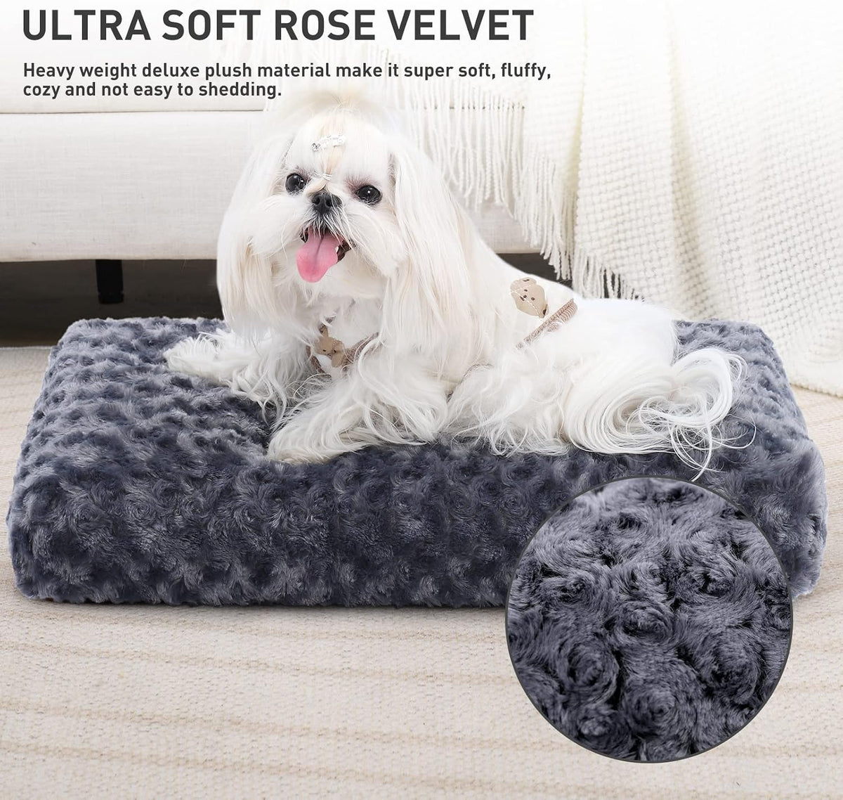 KSIIA Washable Dog Bed Medium Size Dog Crate Bed Plush Pet Mat 35"x23" Gray | Deluxe Plush Comfy Kennel Pad, Anti-Slip Bottom,Deep Sleeping Mat for Medium Dogs,Machine Washable for Easy Cleaning