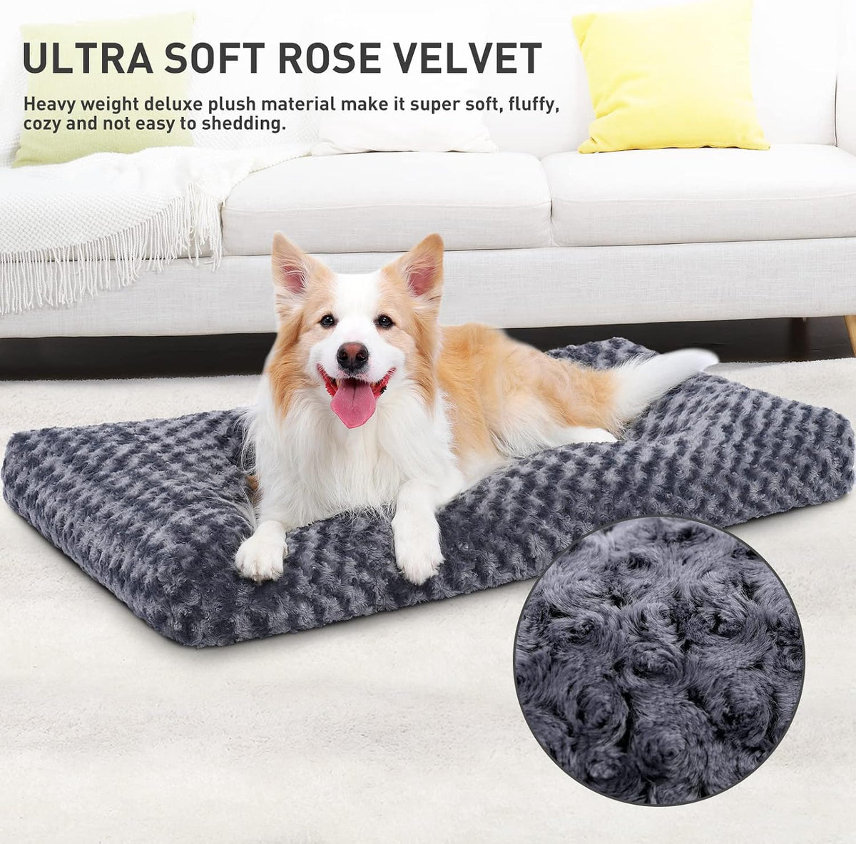 KSIIA Washable Dog Bed Medium Size Dog Crate Bed Plush Pet Mat 35"x23" Gray | Deluxe Plush Comfy Kennel Pad, Anti-Slip Bottom,Deep Sleeping Mat for Medium Dogs,Machine Washable for Easy Cleaning