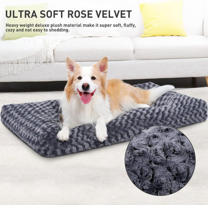 KSIIA Washable Dog Bed Medium Size Dog Crate Bed Plush Pet Mat 35"x23" Gray | Deluxe Plush Comfy Kennel Pad, Anti-Slip Bottom,Deep Sleeping Mat for Medium Dogs,Machine Washable for Easy Cleaning