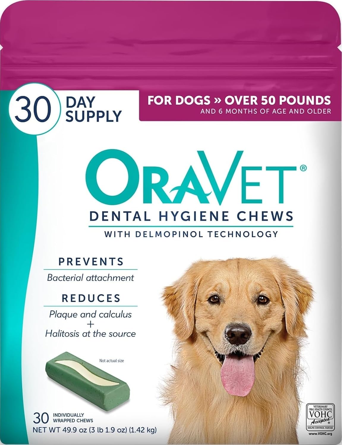 Dental Chews for Dogs, Oral Care and Hygiene Chews (Large Dogs, Over 50 lbs.) Pink Pouch, (Pack of 1)