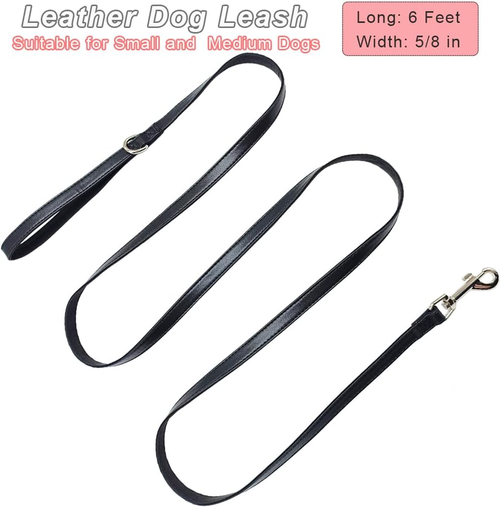 Leather Dog Leash 6 FT, Soft and Strong 5/8 Inch Dog Leather Leash with Extra D-Ring for Waste Bags and Sturdy Clip, Dogs Training Lead for Medium and Small Dogs Walking (Black)