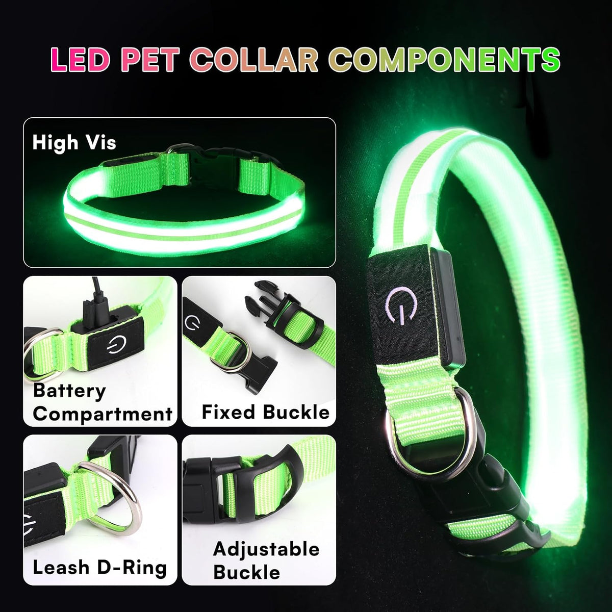 Neon LED Light Up Dog Collar for Night Walking, Rechargeable Safety Glow Illuminated Collar, Reflective Adjustable Pet Light for Medium/Large Dogs 15-19" Neck (Green & Blue)