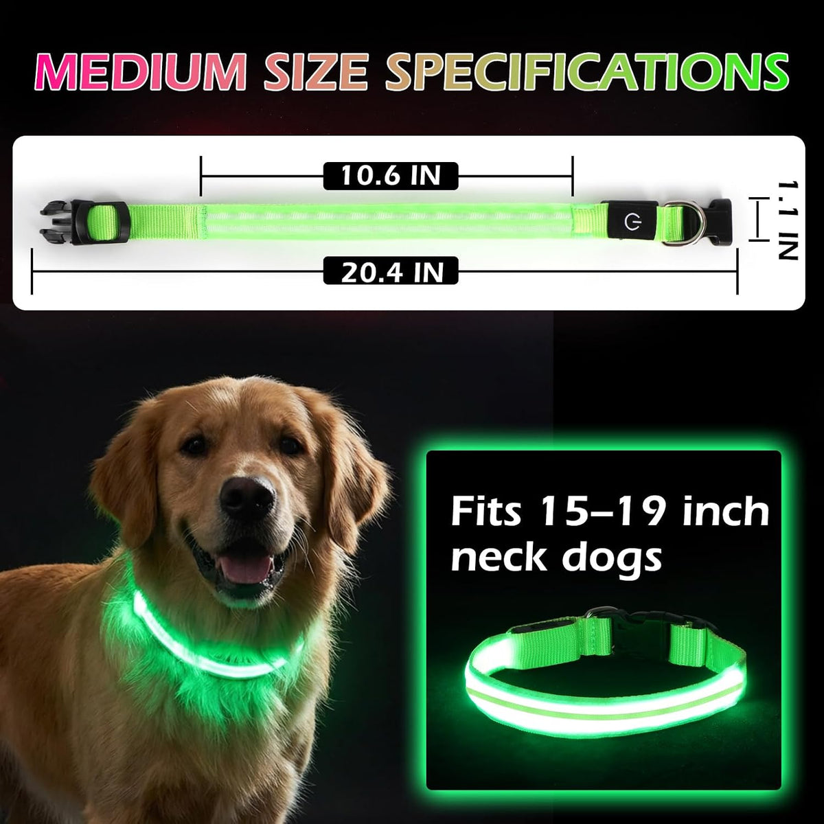 Neon LED Light Up Dog Collar for Night Walking, Rechargeable Safety Glow Illuminated Collar, Reflective Adjustable Pet Light for Medium/Large Dogs 15-19" Neck (Green & Blue)