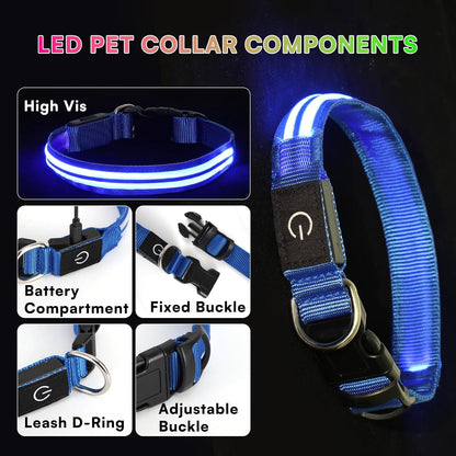 Neon LED Light Up Dog Collar for Night Walking, Rechargeable Safety Glow Illuminated Collar, Reflective Adjustable Pet Light for Medium/Large Dogs 15-19" Neck (Green & Blue)