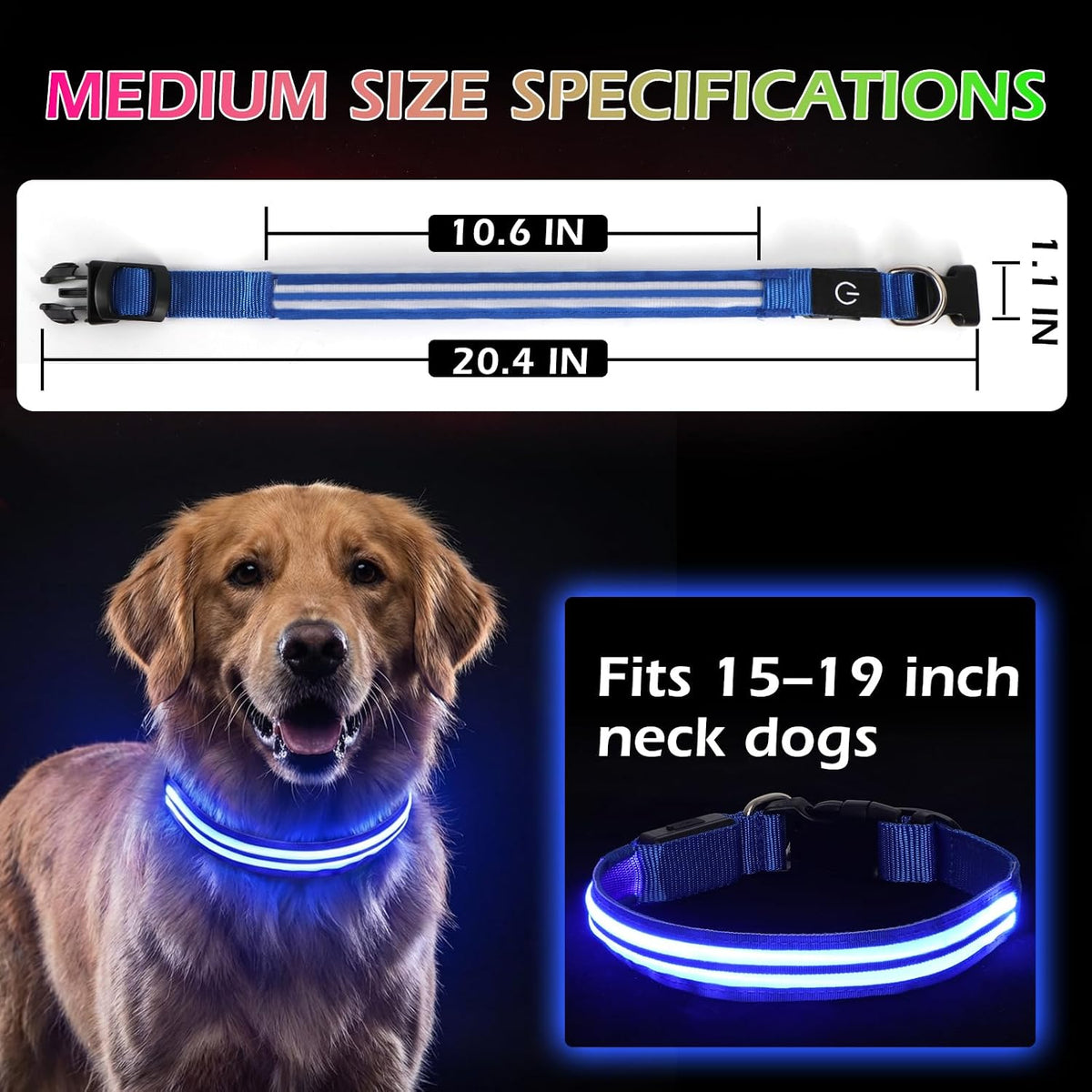 Neon LED Light Up Dog Collar for Night Walking, Rechargeable Safety Glow Illuminated Collar, Reflective Adjustable Pet Light for Medium/Large Dogs 15-19" Neck (Green & Blue)