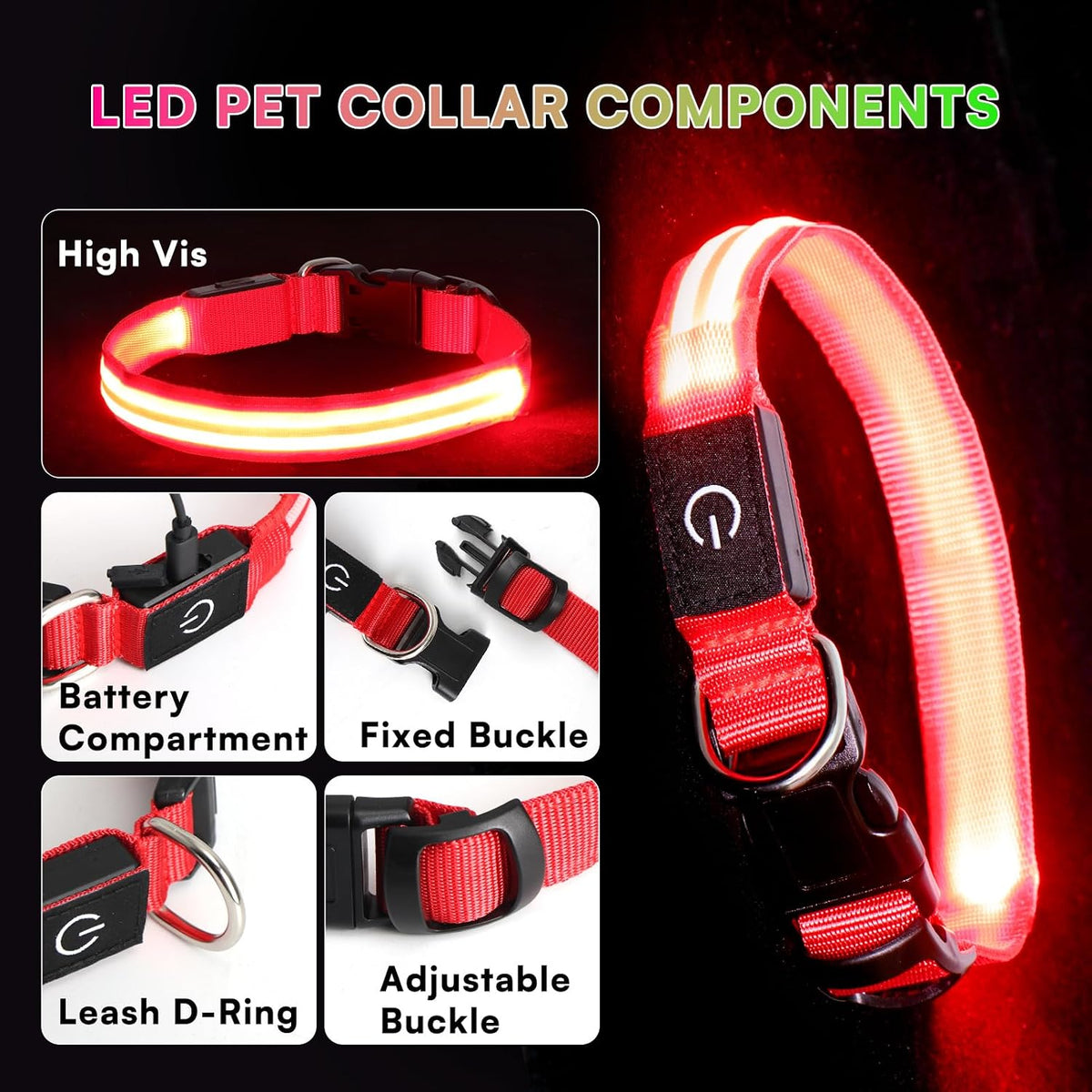 Neon LED Light Up Dog Collar for Night Walking, Rechargeable Safety Glow Illuminated Collar, Reflective Adjustable Pet Light for Medium/Large Dogs 15-19" Neck (Green & Blue)