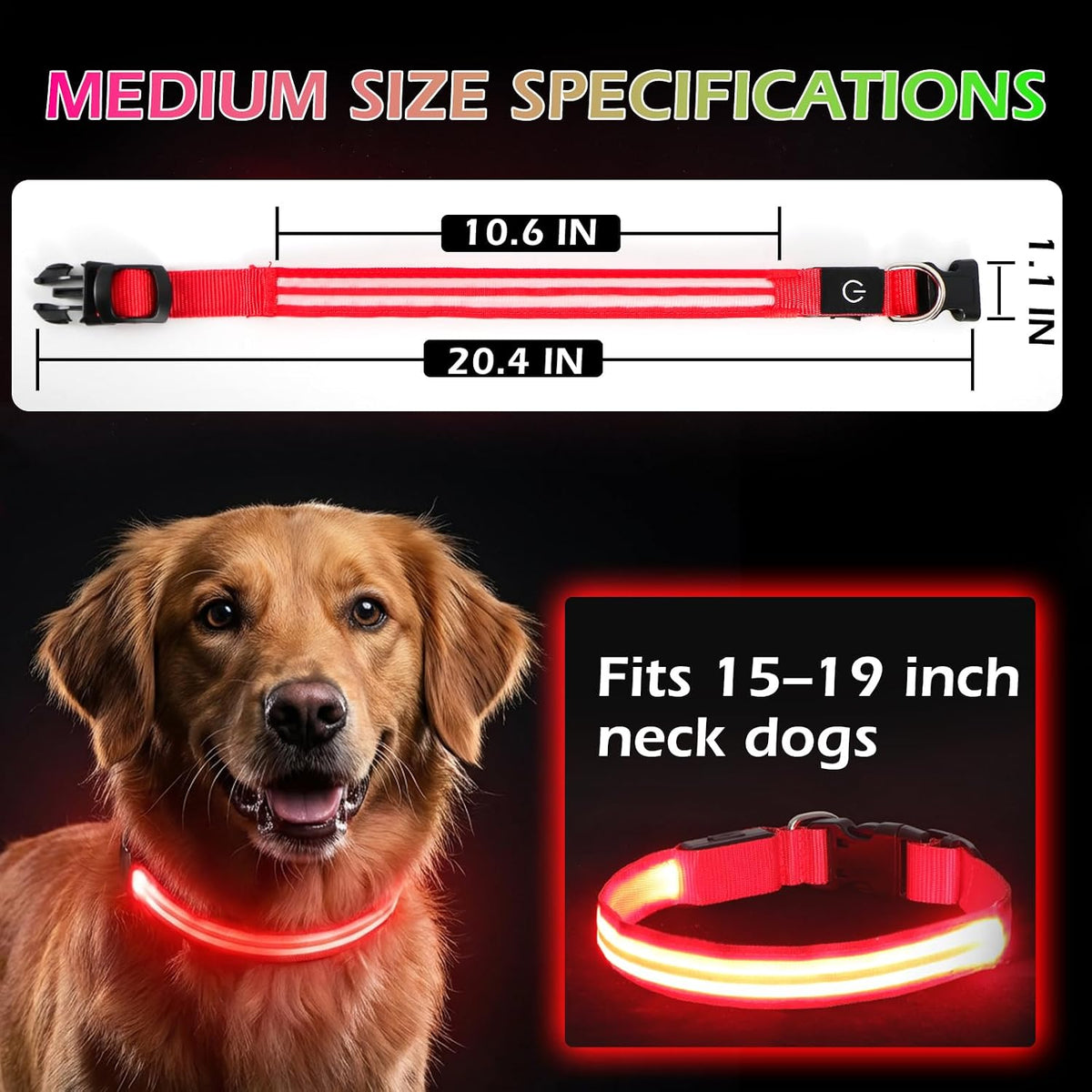 Neon LED Light Up Dog Collar for Night Walking, Rechargeable Safety Glow Illuminated Collar, Reflective Adjustable Pet Light for Medium/Large Dogs 15-19" Neck (Green & Blue)