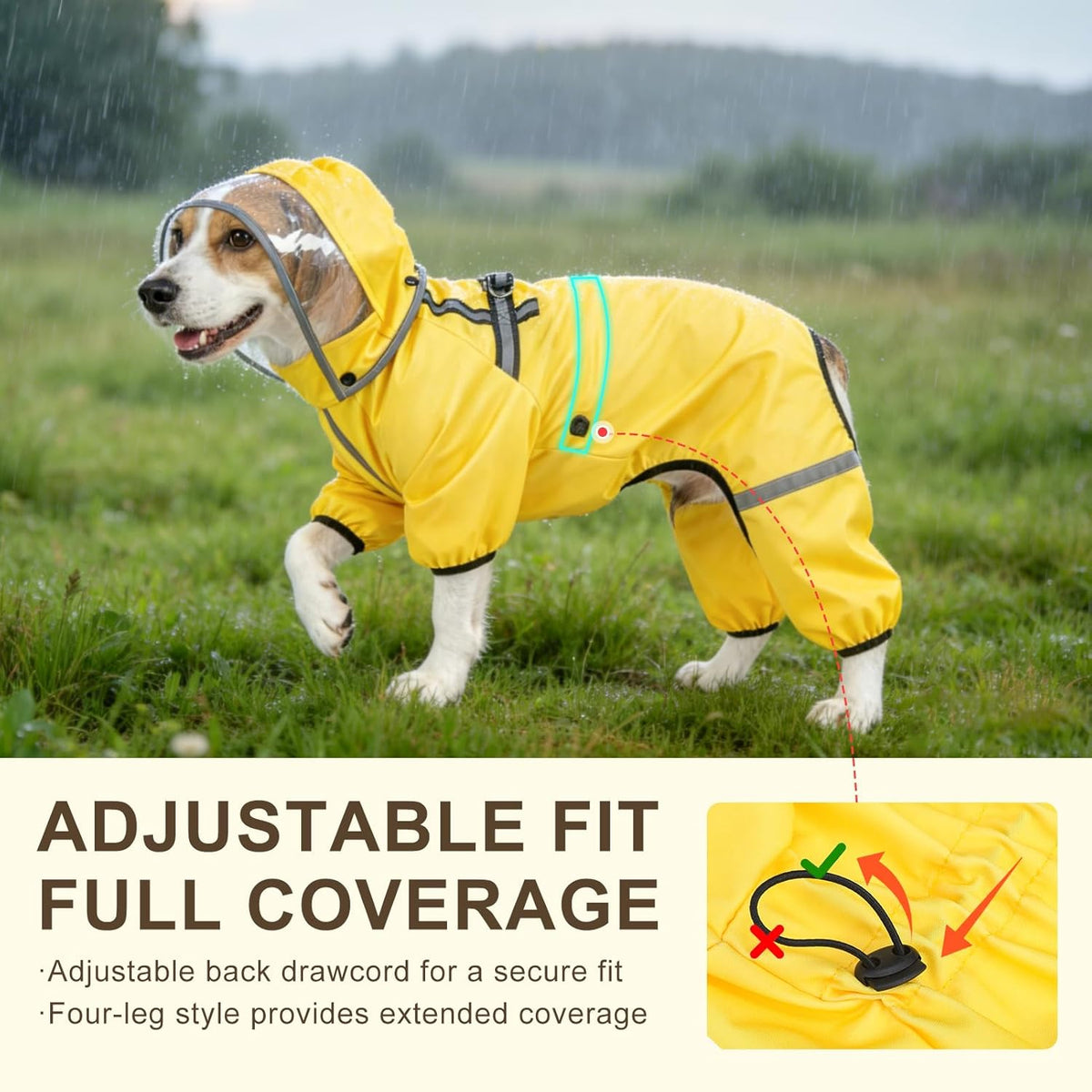 Dog Raincoat, Waterproof Zip-Up Dog Rain Jacket w/Detachable Hood